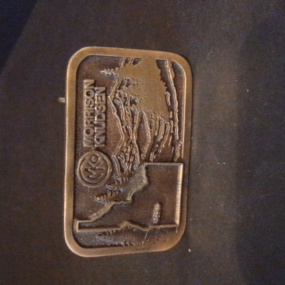 Morrison Knudsen Brass belt Buckle Idaho Vintage Hit Line U.S.A